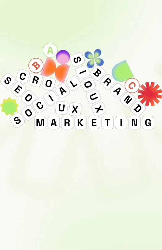 Le tessere di una trivia dell'app che compongono le parole social, UX, brand e marketing